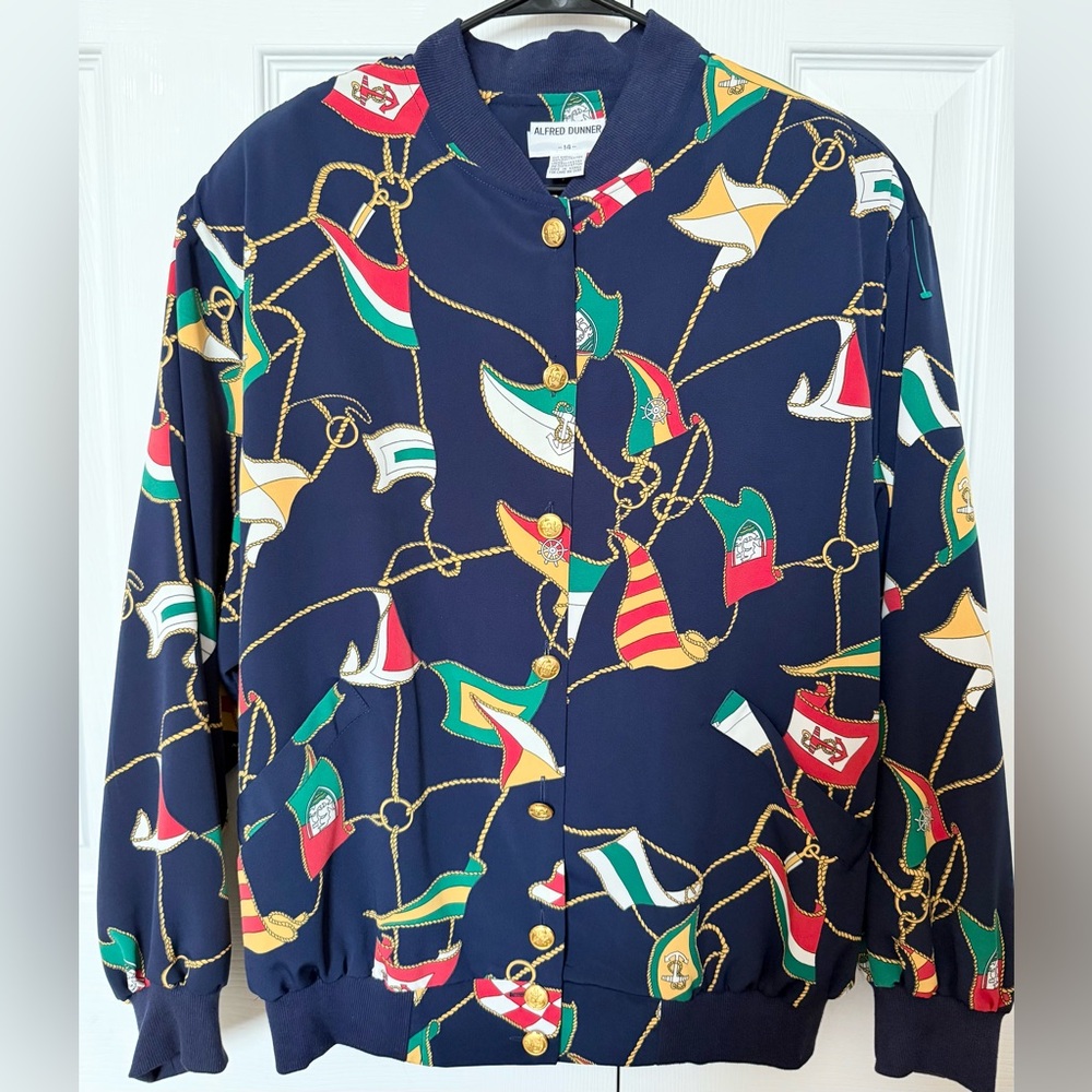 VTG Alfred Dunner Navy Jacket Top Nautical Accents Flags Anchor Buttons Size 14
